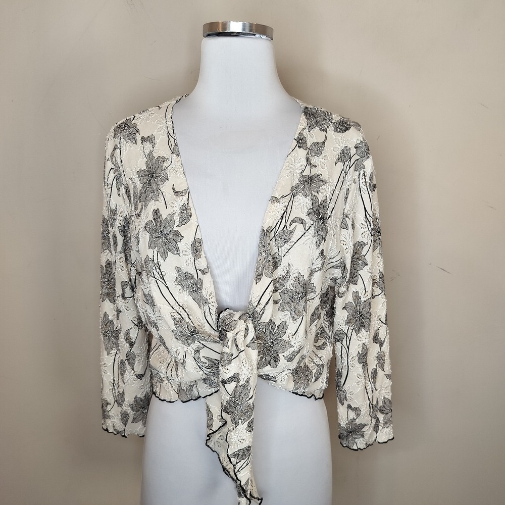 Studio 1940 Floral Cardigan Shrug Y2K Tie Front Ivory Lace